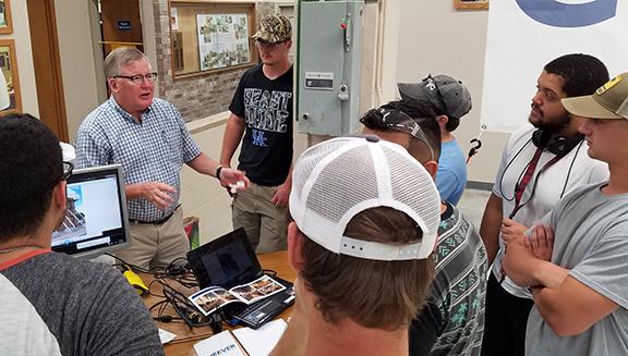 Above, Wes Oestreich of Cheever Construction, who was recently honored for his support of SCC and the AGC Milford student chapter, talks to Building Construction students at the September 2016 Construction Career Day.  Cheever Construction was one of the major contributors and participants in the event that drew 240 high school students from across the state.